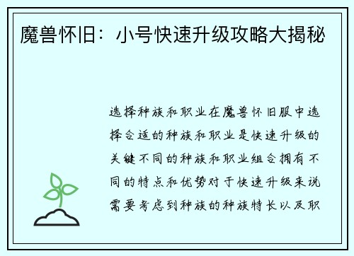 魔兽怀旧：小号快速升级攻略大揭秘